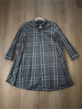 Zara Black & White Plaid Button-Up Shirt Dress